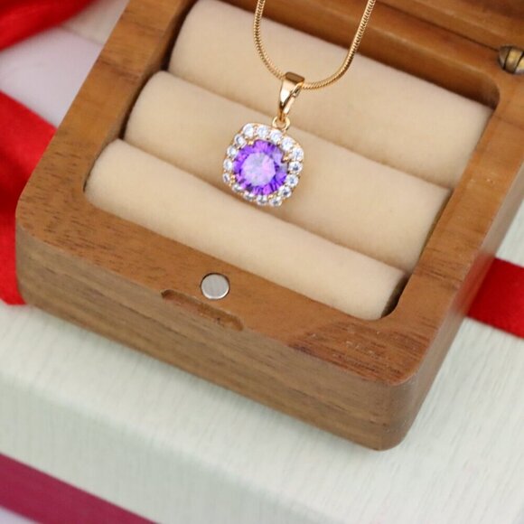 "Purple Round Stone Pendant in Gold Plated Brass with Crystal Halo, XPPT1772 - Picture 8 of 13